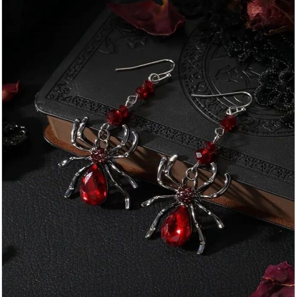 Dark Red Crystal Halloween Gothic Spider Dangle Earrings - Picture 2 of 4